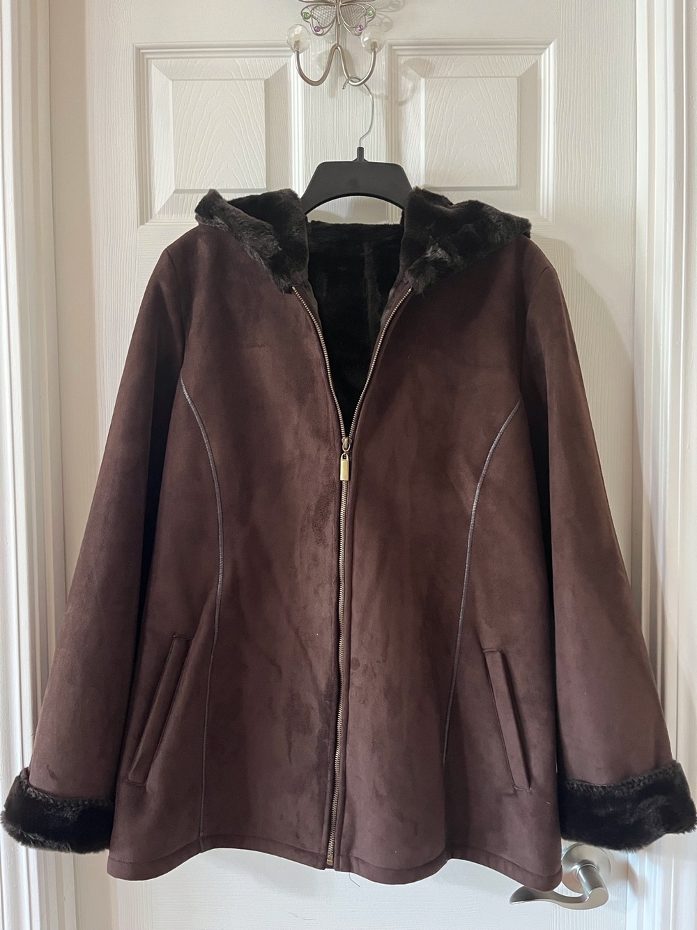 Marvin Richards Dark Brown Faux-Suede Hooded Coat with Faux-Fur Trim